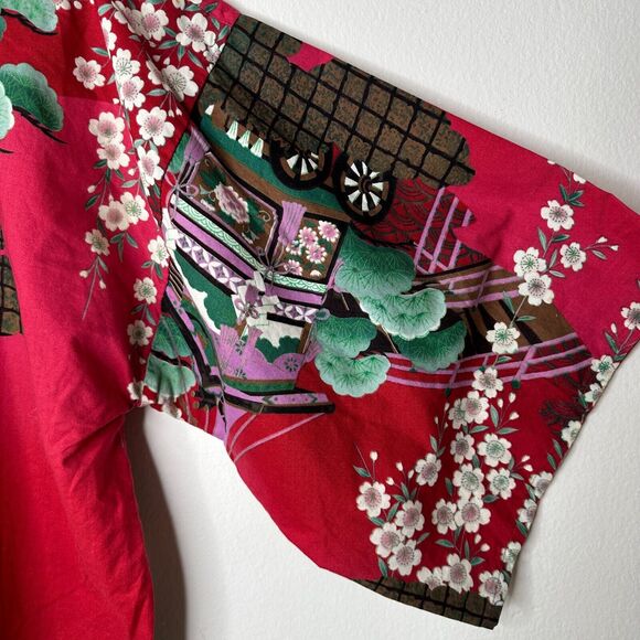 Made In Japan Red Floral Pagoda Multicolor Japanese Kimono and Matching Belt OS - Picture 3 of 15